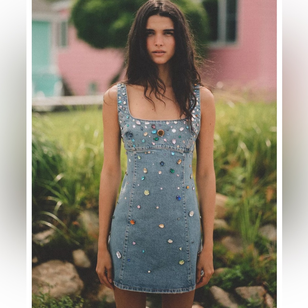 Zara TRF Denim Mini Dress with Beaded Gemstone Jewels